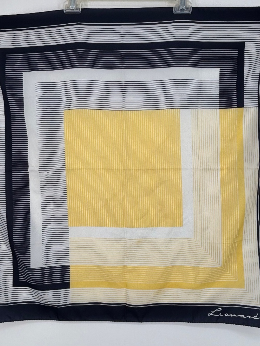 Leonardi Womens Vintage Square Scarf Navy Blue Yellow Geometric Squares Signed
